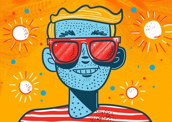 Poster - Smiling Man in Red Sunglasses Surrounded by Sun Illustrations on Orange Background