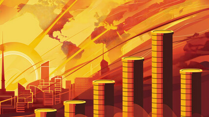 Wall Mural - Gold coins illustration with city bank building in the background. Buy in cash money business concept, rich and wealthy saving fund