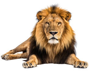 Full body lion front view portrait, lying down, isolated on transparent background. Wild male carnivore predator cat animal with mane, Africa jungle king, danger, power, big, resting and relaxing