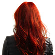 © Nemanja - Closeup rear back view of young woman with red hair wearing black leather jacket, isolated on transparent background. Girl lady female person clothing style and fashion, trendy model apparel