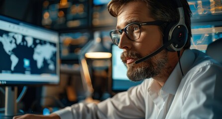 Poster - Focused businessman with headset working in office with multiple monitors showing maps