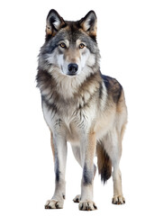  The image shows a wolf standing on a plain background. The wolf appears to be alert and ready.