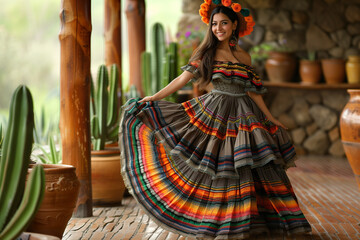 Wall Mural - Girl wearing embroidered dress dancing during Mexican Patriotic Holidays celebration in Mexico.