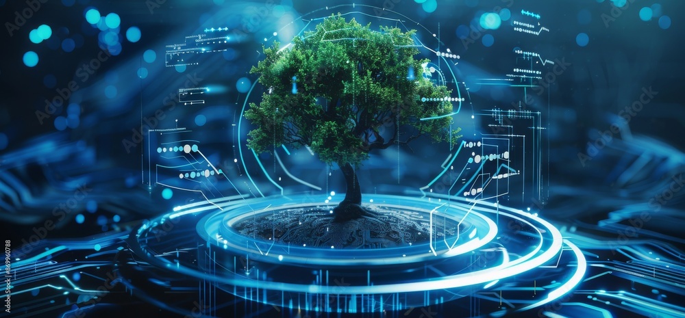 Futuristic digital environment showcasing a tree with technology ...