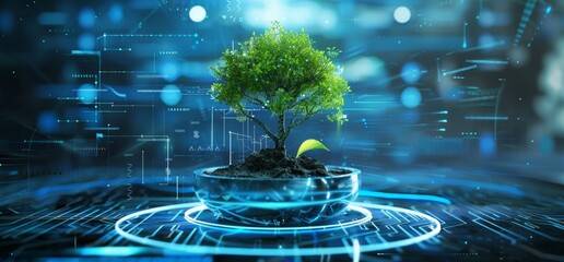 Poster - futuristic digital background with a tree in a high-tech environment