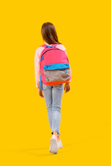 Poster - Little girl with schoolbag on yellow background, back view