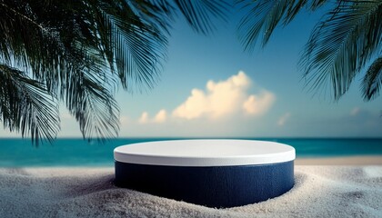 Wall Mural - 3d podium with copy space for product display presentation on palm beach abstract background tropical summer and vacation concept