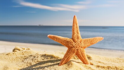 Wall Mural - the image showcases the summer vacation theme with a starfish on a sandy beach featuring ample copy space