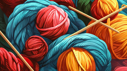 Illustration of many colorful wool yarns and needles on wooden table. Fabric textile knit, handmade hobby or craft, vintage clothing wallpaper, traditional woven