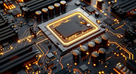 Poster - Highly detailed close-up of a modern computer motherboard with glowing circuits