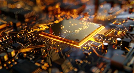 Poster - Close-up of a glowing gold computer chip mounted on a motherboard with intricate circuitry in a bokeh background