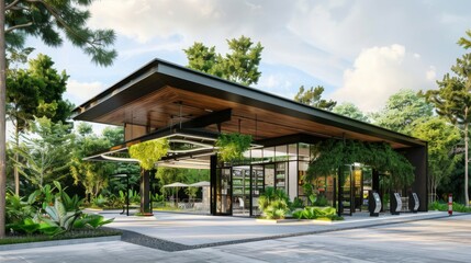 Aufkleber - A modern building with a large overhang and surrounding greenery, showcasing a minimalist design and a blend of natural elements.
