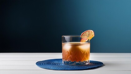 Wall Mural - whisky and fruit juice cocktail sitting on white tabletop over blue background in a minimalism style generative ai