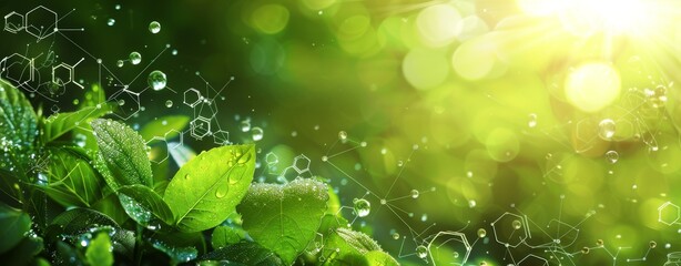 Poster - Lush green leaves with dew drops and digital hexagon illustration on a bright sunny background
