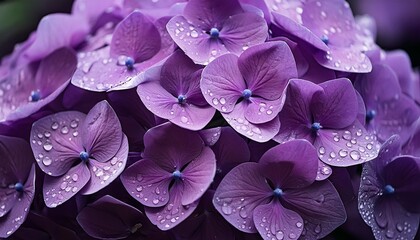 Wall Mural - close up of a purple hydrangea with raindrops deep dark ultra violet flowers with dewdrops ai generated