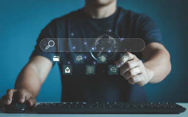 Fototapete - Search with AI (Artificial Intelligence) assistant. A businessman holding a magnifying glass uses a computer to search for virtual screen data. Search Technology, Search Engine Optimization, SEO.