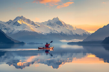 Wall Mural - A peaceful lake surrounded by snow-capped mountains, with a single kayaker gliding across the calm water at sunrise, the serene and majestic beauty of nature on full display