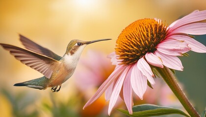 Wall Mural - hummingbird flying to pick up nectar from a beautiful flower digital artwork