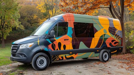 A large van with an abstract, colorful design is parked in a wooded area. The van is surrounded by trees with autumn foliage.