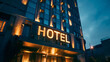 © Nemanja - Outdoor front view of luxury hotel building entrance at night illuminated with glowing light text sign. Urban glass facade architecture exterior view, nobody, empty, door, tourism resort place