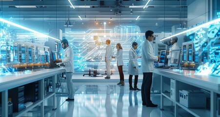 Poster - Team of scientists working with advanced technology in a modern laboratory
