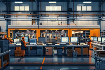 Poster - workers monitoring production lines inside a modern industrial factory