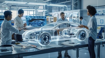 Poster - Team of designers and engineers collaborating on a futuristic car project with holographic technology