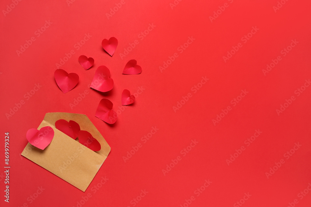 Composition with envelope and paper hearts on red background. Valentines Day celebration
