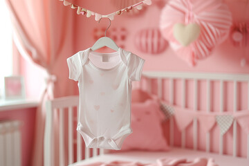 Poster - mock-up white children's bodysuit on a light background in the interior, children's clothing