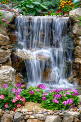 Wall Mural - Cascade waterfall with stones and flowers at house backyard, water in landscaped home garden, landscaping in summer. Concept of nature, background, outdoor, design