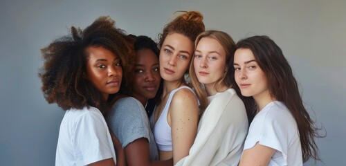 Diverse group of women posing together symbolizing unity, friendship, and natural beauty