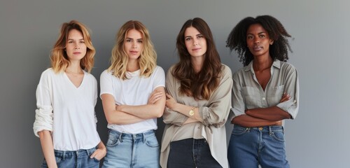 Confident group of diverse women standing together in casual attire
