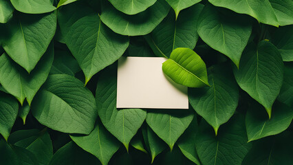 Wall Mural - A white card is placed on a leafy green background