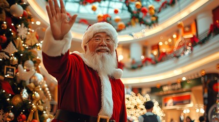 Middle-aged Asian man dressed as Santa Claus in a festive mall. Concept of Christmas, holiday spirit, multicultural celebration, joy