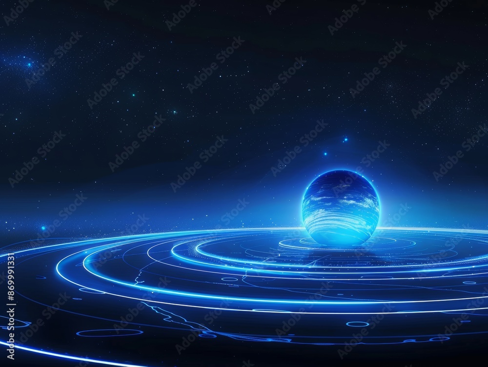 A blue planet in space, glowing lines on the surface of earth, circular ...
