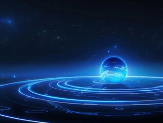 Wall Mural - A blue planet in space, glowing lines on the surface of earth, circular ripples around it, a small ball floating above its center, dark background with minimal light effects, futuristic and scifi styl