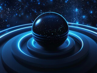 Wall Mural - A digital scene of a large black sphere placed on concentric neon blue rings