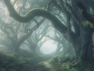 Wall Mural - mystical forest path fogshrouded ancient trees with gnarled branches dappled sunlight filtering through the canopy creating an ethereal otherworldly atmosphere