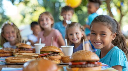 A group of children are sitting at a table with hamburgers and drinks. They are smiling and enjoying their meal