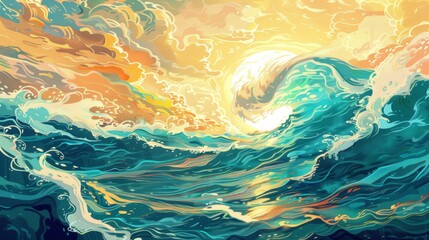 An abstract interpretation of an ocean wave curling towards the golden dawn light, blending bright colors and swirling patterns in a captivating and artistic visual.