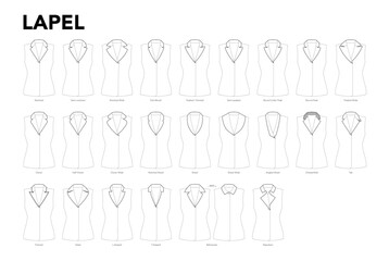 Set of Lapels and collars for tops, shirts, jackets, blouses, coats styles technical fashion illustration. Flat apparel template front view. Women, men unisex CAD mockup isolated on white background