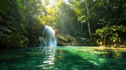 Wall Mural - secluded waterfall cascading into a crystalclear pool surrounded by lush vegetation sunlight filters through leaves creating a serene and intimate nature scene