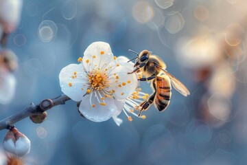 A bee is hovering over a flower. The flower is white and has yellow centers. The bee is surrounded by a blurry background