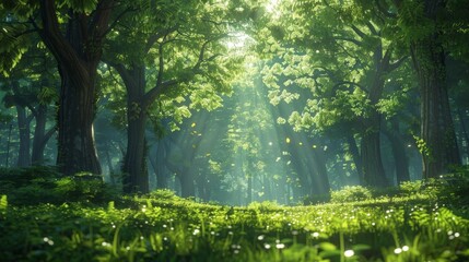 Wall Mural - Create a captivating animation featuring a serene scene with simple, lush green trees