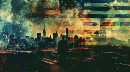 A dramatic urban skyline featuring a lone man under the overlay of the American flag, symbolizing patriotism, resilience, and the journey within the cityscape.