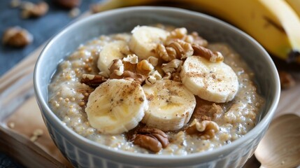 Wall Mural - A bowl of creamy vegan porridge made with buckwheat groats almond milk and cinnamon topped with sliced bananas and nuts.