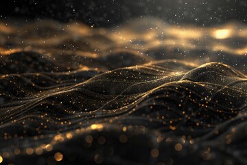 Wall Mural - A black and gold wave with a lot of sparkles. The sparkles are scattered all over the wave, giving it a dreamy and ethereal appearance