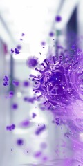 Wall Mural -  A purple virus disintegrating, white background, blurred hospital in the backgrounnd, realistic style, depth of field effect, macro photography, product shooting, closeup shot, bright light and shado