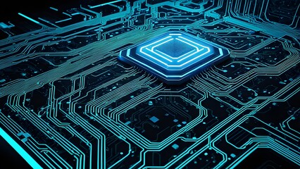 A computer chip is shown in a blue and green color scheme