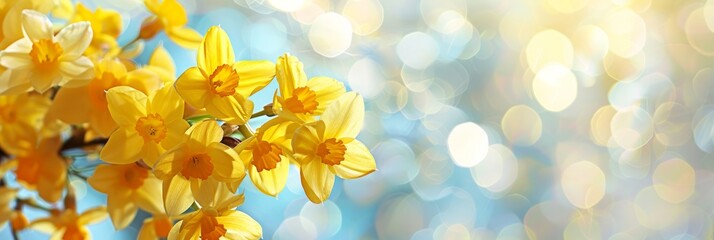 Wall Mural - Spring nature background. Spring yellow flowers close up on abstract light backdrop. spring season concept, symbol of 8 March, women's day. Copy space